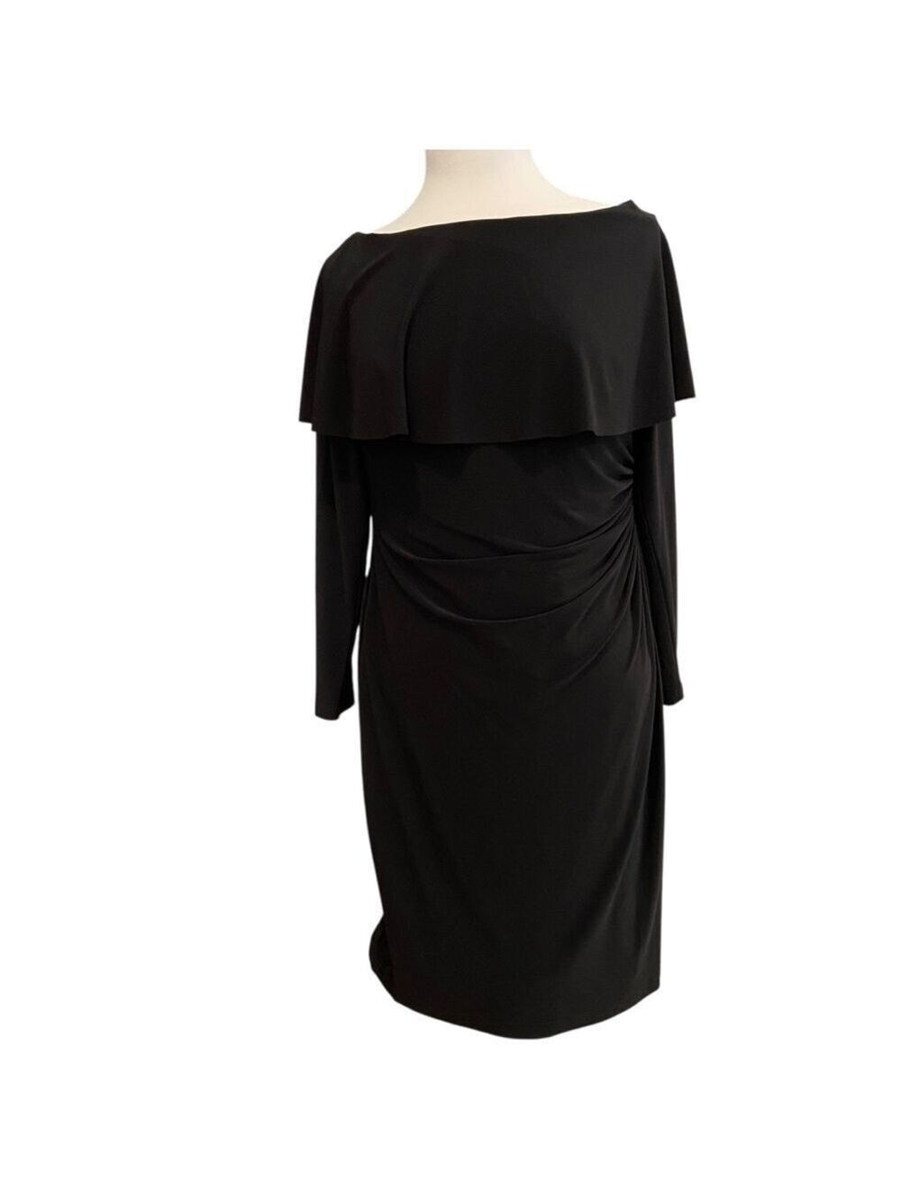 Ralph Lauren black jersey dress asymmetrical long sleeves flattering waist  12